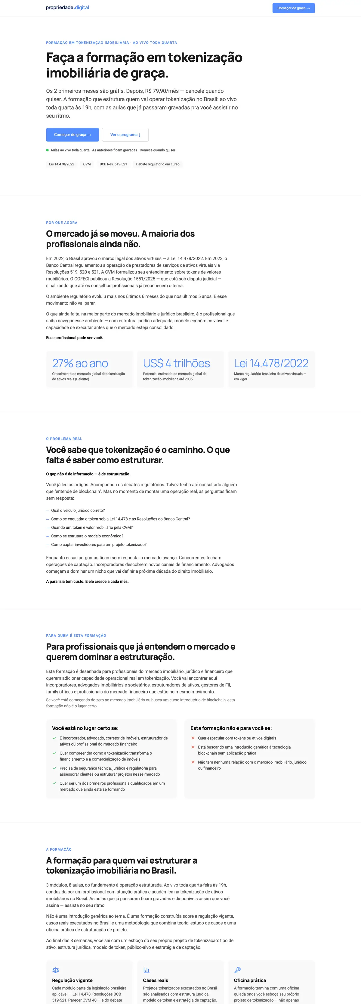 Full scroll of the Formação em Tokenização landing page: hero with headline and calls to action, market context with figures, program positioning and course modules, all in the Propriedade Digital brand.