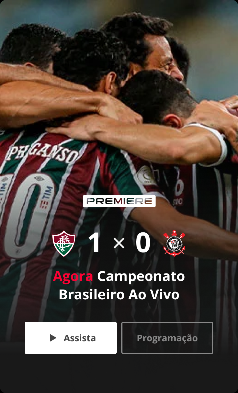 The organism — the complete Premium Highlight: a live Campeonato Brasileiro match at 1×0, with Assista and Programação.