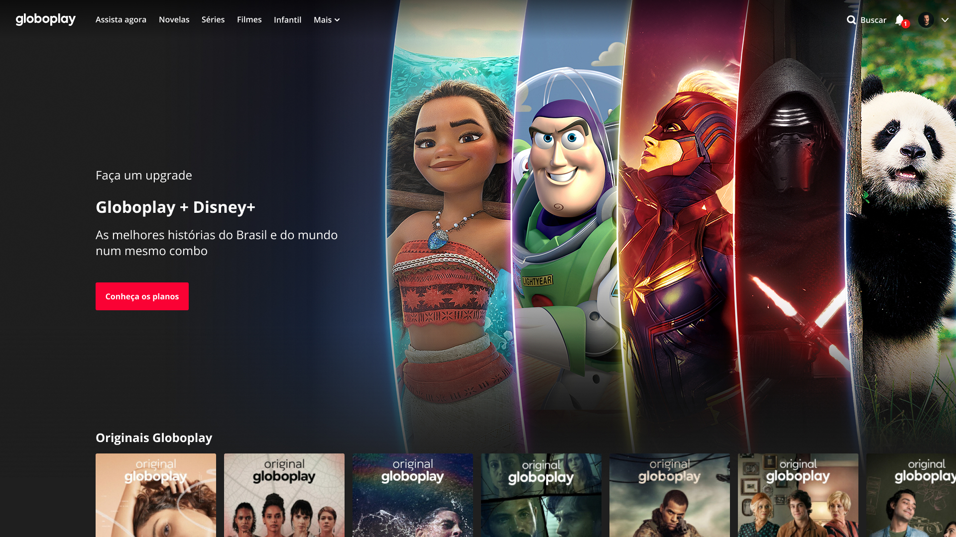 The Sales Highlight on the Globoplay web home: the Combo Globoplay e Disney+ offer, a red Conheça os planos button, and story-style progress bars.