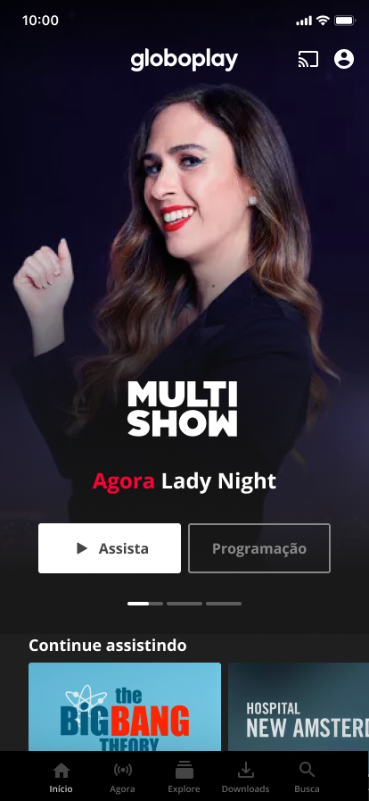 Globoplay highlight — Simulcast variant: the Multishow channel showing Agora Lady Night with Assista and Programação.