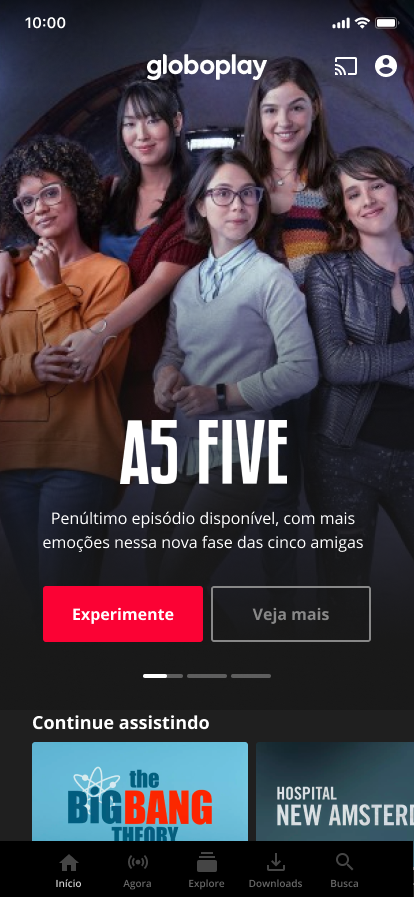 Globoplay highlight — Free-user variant: the series A5 Five with a red Experimente call to action.