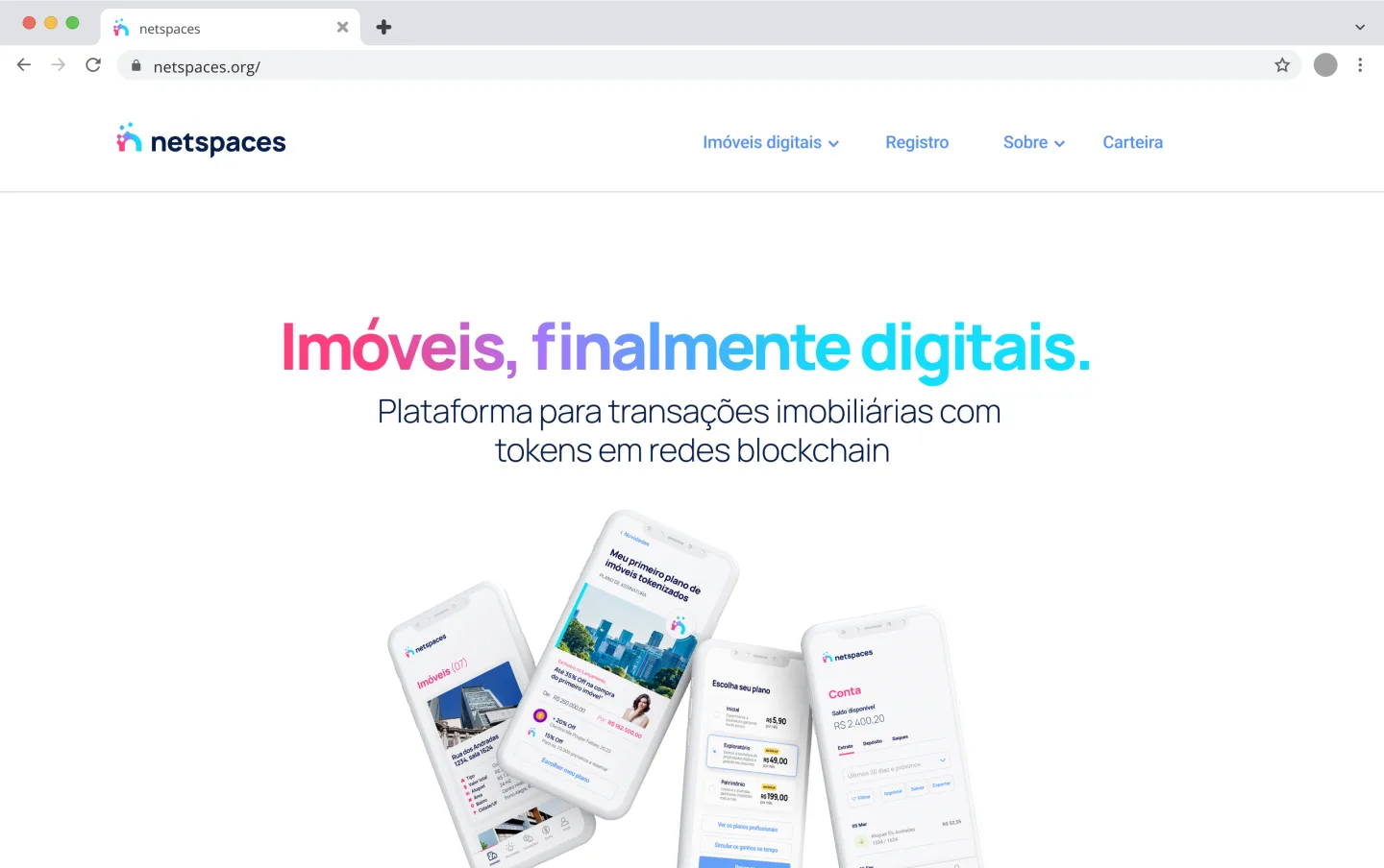 The institutional Netspaces site in a browser window, headlined 'Imóveis, finalmente digitais.'