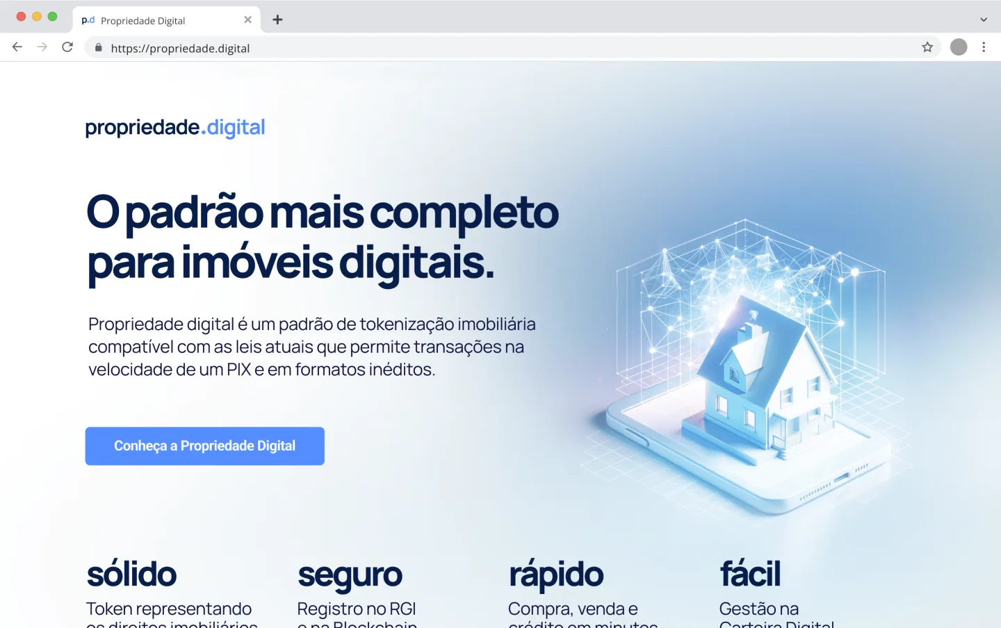 The commercial Propriedade Digital site in a browser window, headlined 'O padrão mais completo para imóveis digitais.'