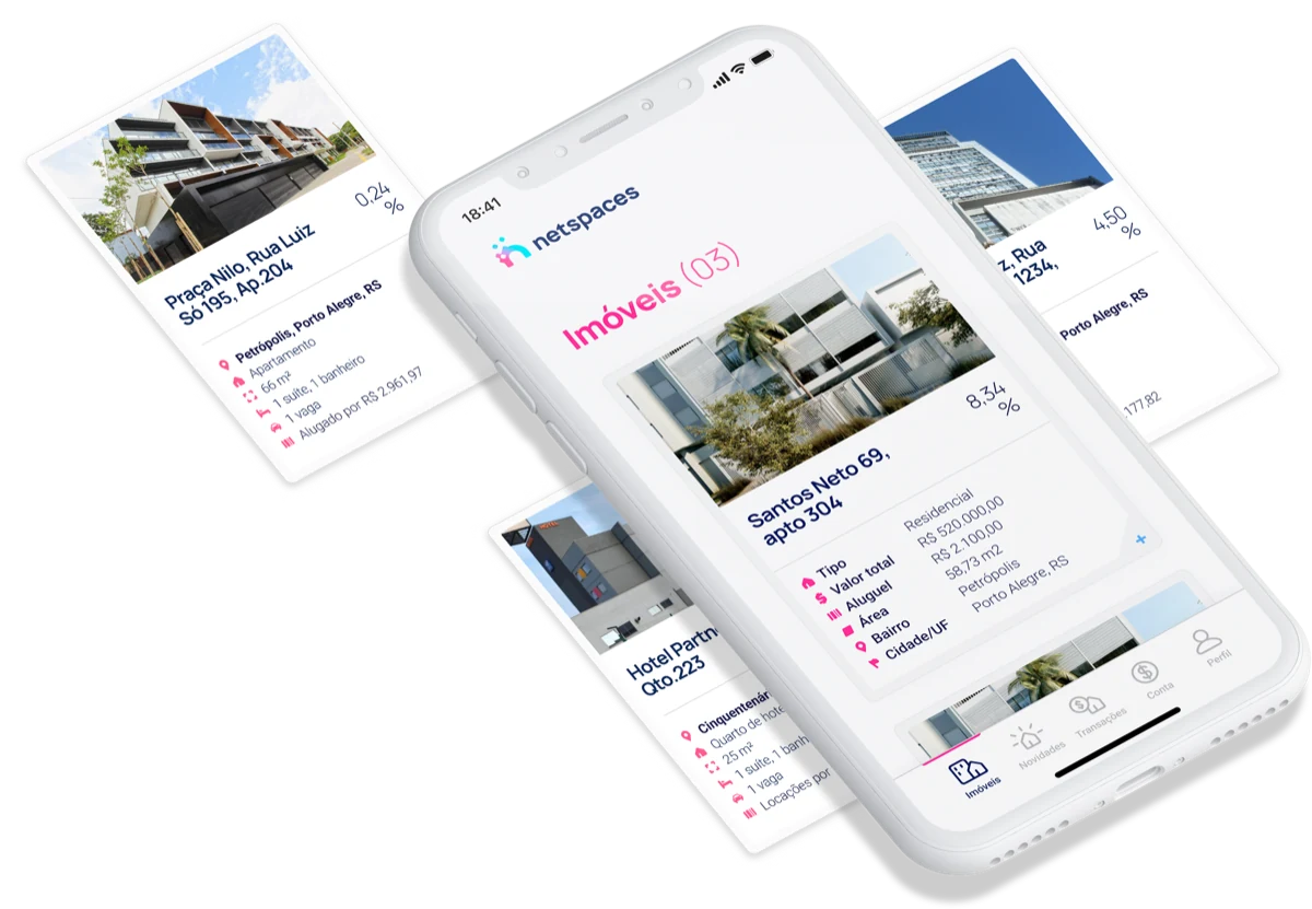 A white phone angled over a fan of property listing cards, running the Netspaces wallet on the Imóveis screen: a building photo, price and rental details and a bottom tab bar.