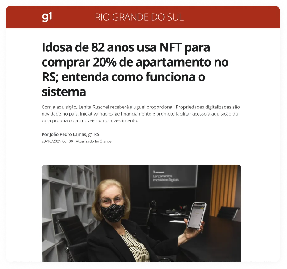 G1 Rio Grande do Sul article headlined 'Idosa de 82 anos usa NFT para comprar 20% de apartamento no RS; entenda como funciona o sistema', with a photo of the buyer holding up a phone.