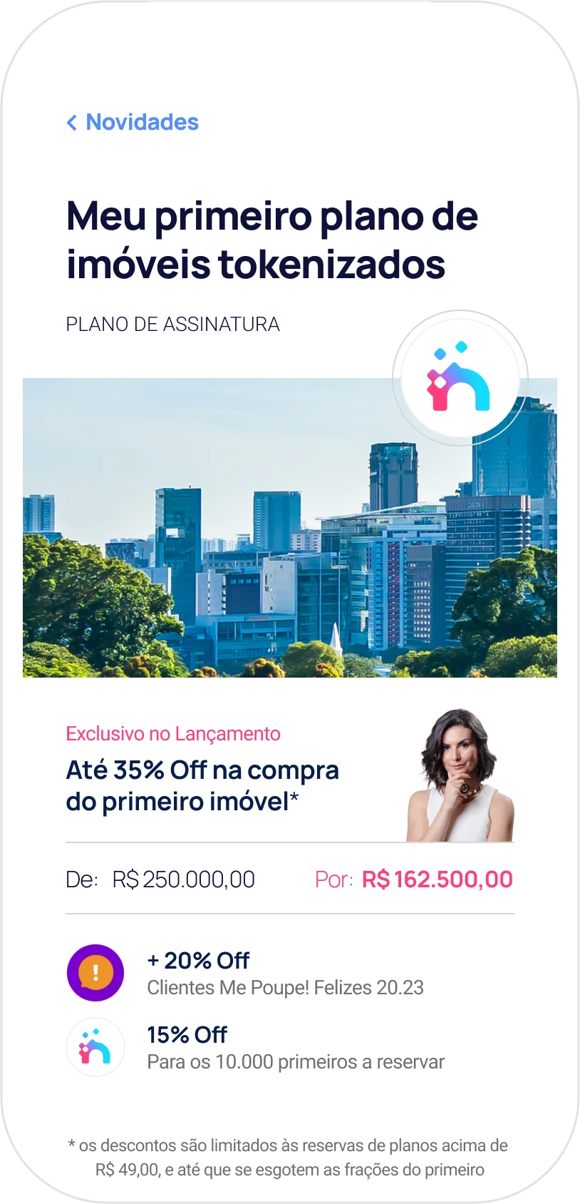 The subscription screen 'Meu primeiro plano de imóveis tokenizados': a city skyline photo, launch-discount banners and pricing for the first property.
