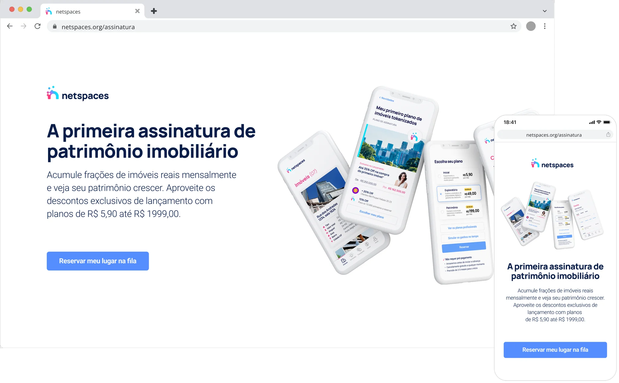 The waitlist landing page in a browser window: the headline 'A primeira assinatura de patrimônio imobiliário' beside a fan of phones running the wallet, with the same page's mobile view alongside.