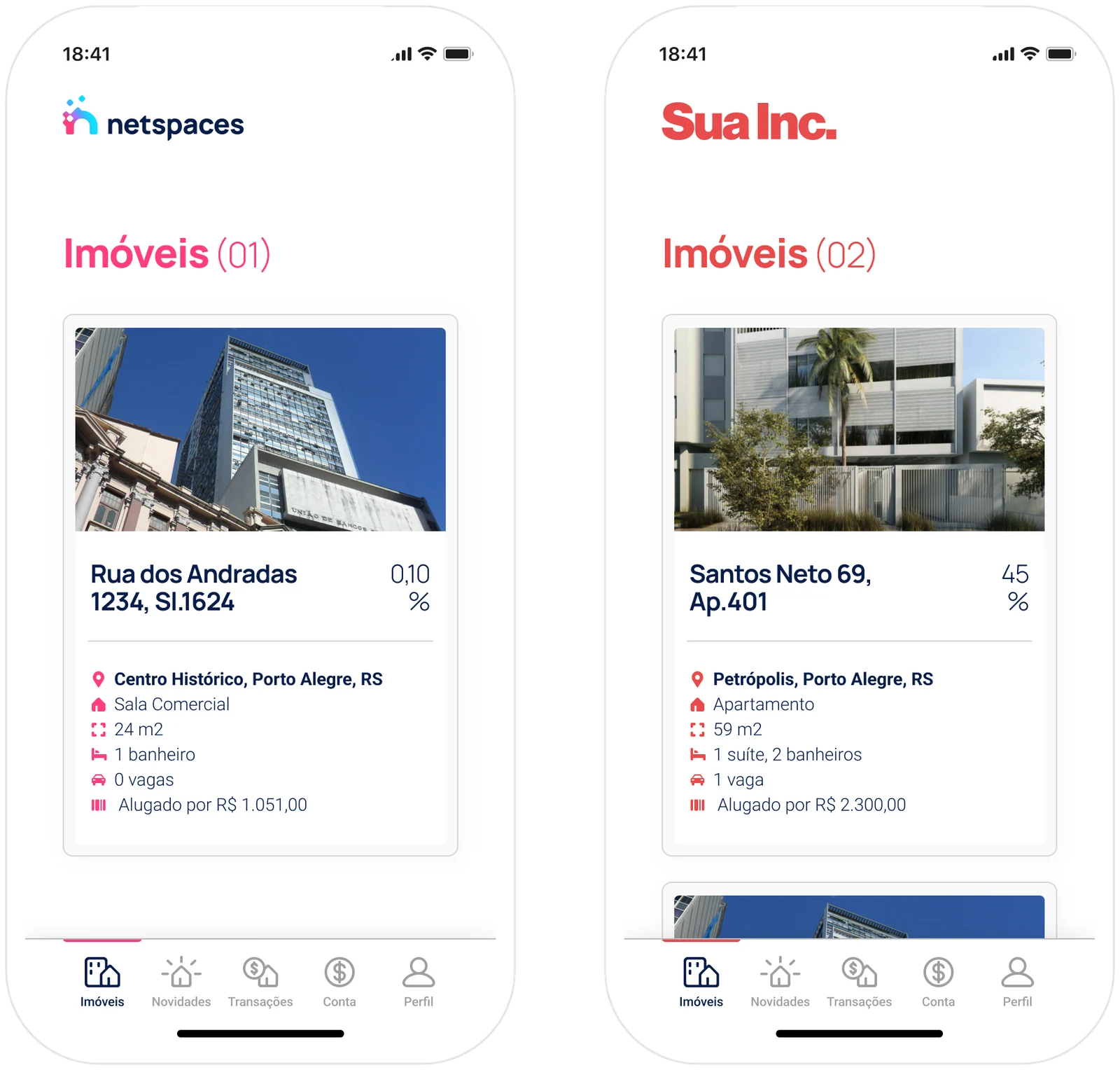 Two phones running the same Imóveis screen side by side: the left one branded Netspaces in blue, the right one branded SuaInc in red, a placeholder client brand.